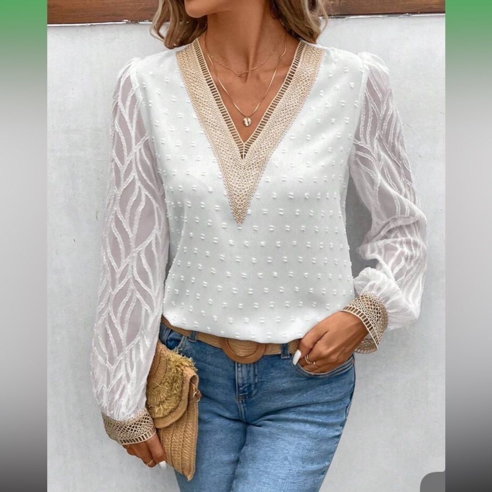 SHEIN VCAY Color Blocking Lace Trim Sheer Mesh Patchwork Bubble Sleeve B…